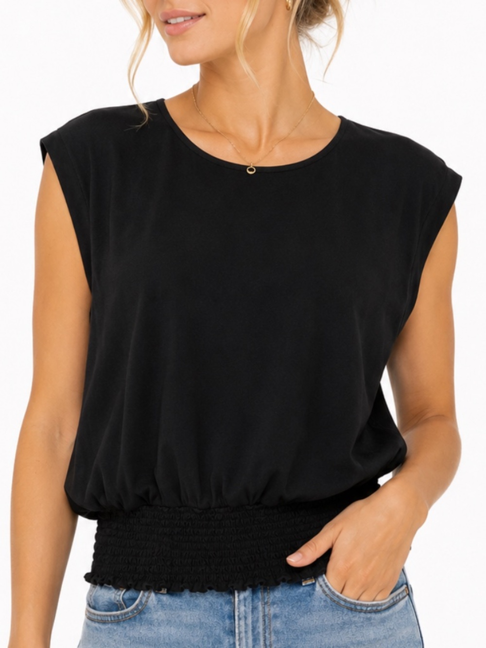A.NEW DAY Smocked Waist Cap Sleeve Black Knit Top Size XL-XXL NWOT